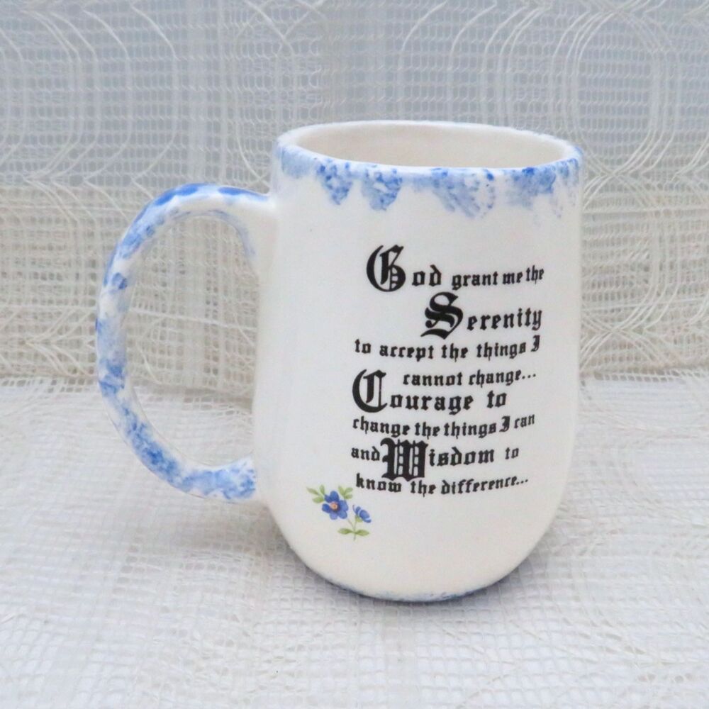 Handmade Serenity Prayer Coffee Mug White With Blue Trim, Inspirational Tea Mug